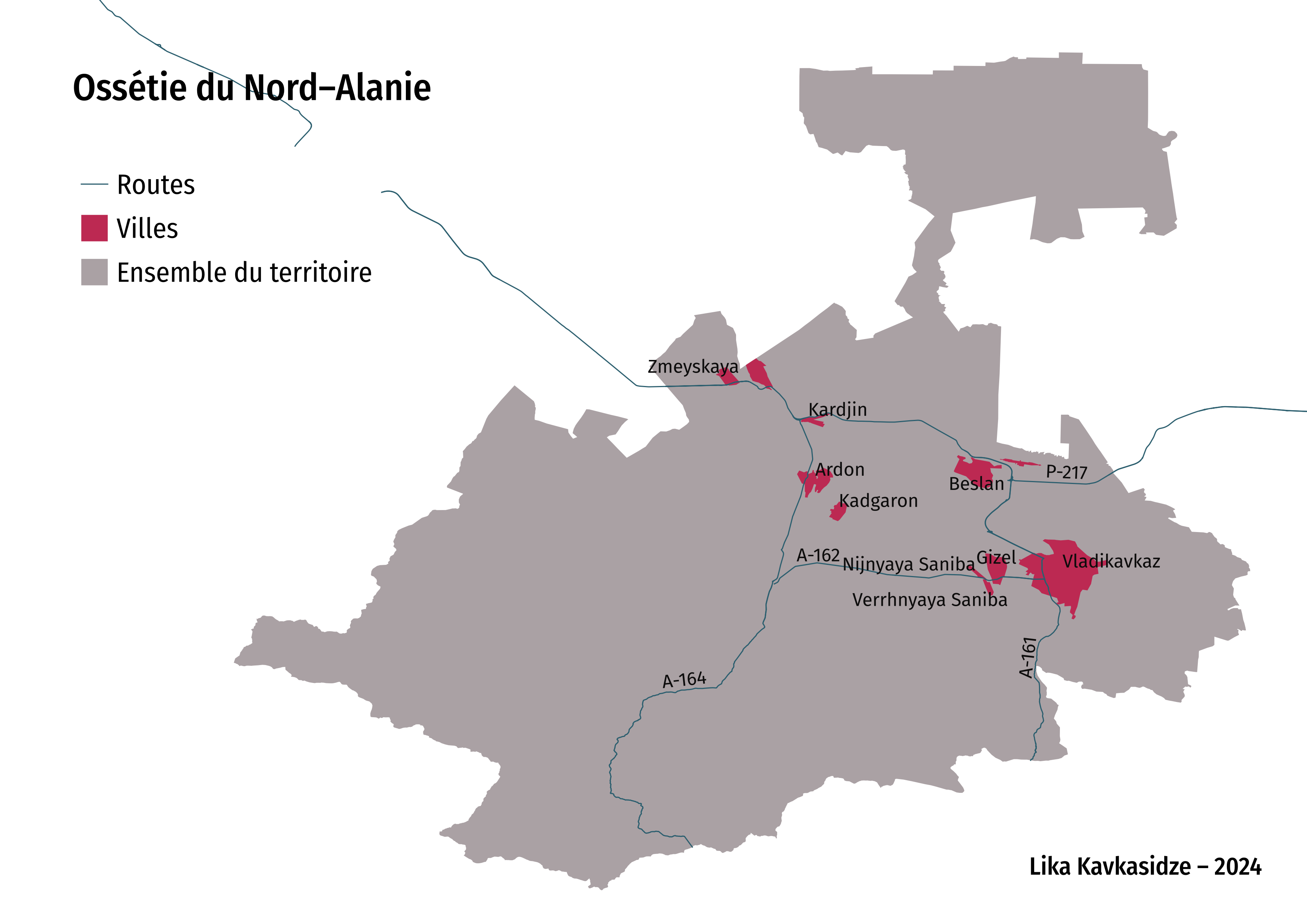 Carte de l’Ossétie du Nord–Alanie en fond. En superimposition, trois routes et plusieurs villes. Masse brute de données obtenues, on constate que les routes dépassent sur les bords du territoire.