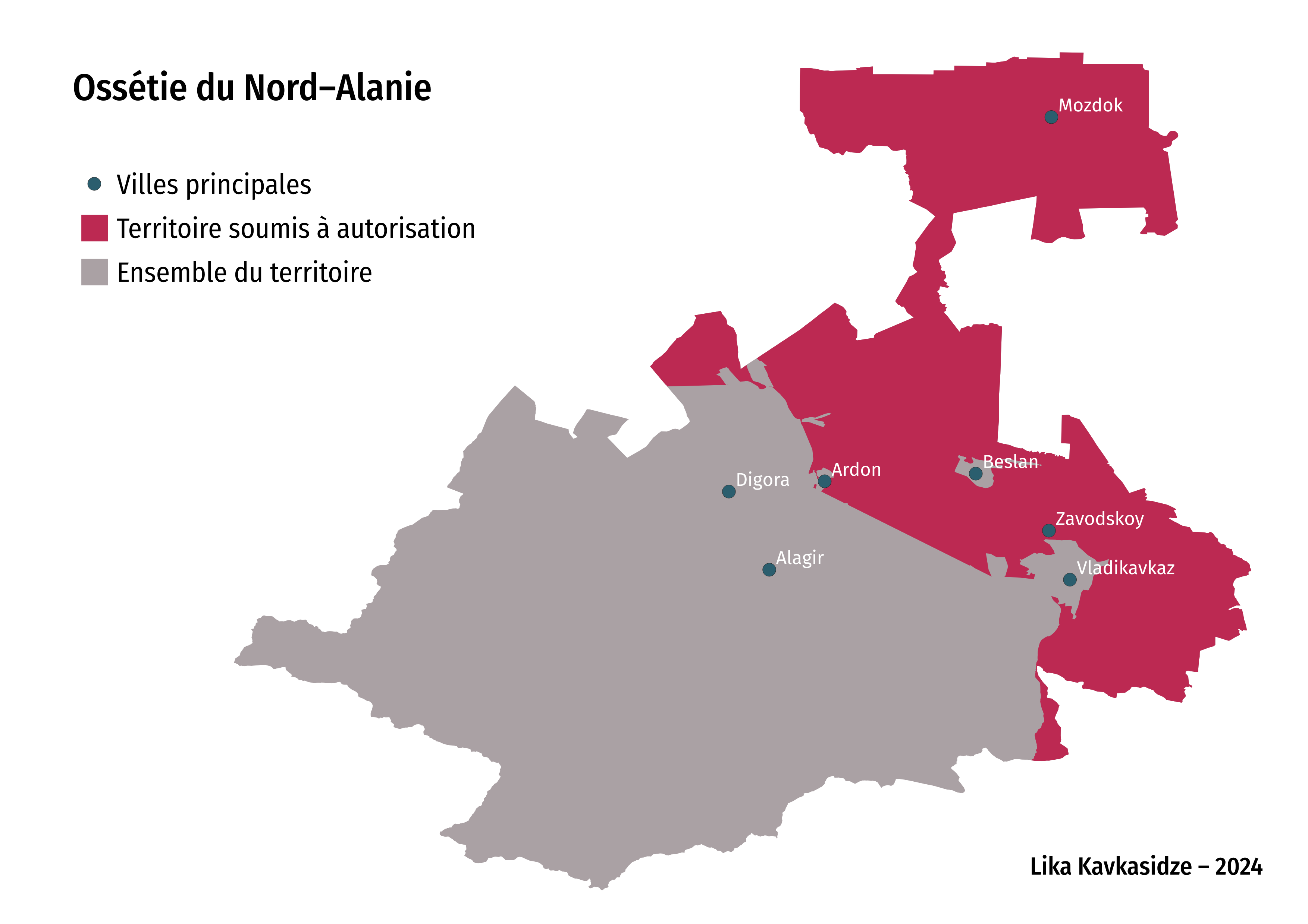 Carte de l’Ossétie du Nord–Alanie, divisée en deux parties : au sud-ouest, territoire non-soumis à autorisation (environ 65 %) et au nord-est, territoire soumis à autorisation (environ 35 %). Sont également indiqués plusieurs noms de villes.